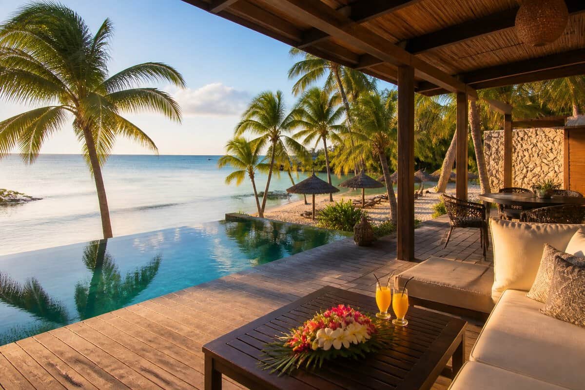A luxurious beachfront villa in Zanzibar with a private infinity pool overlooking the ocean.