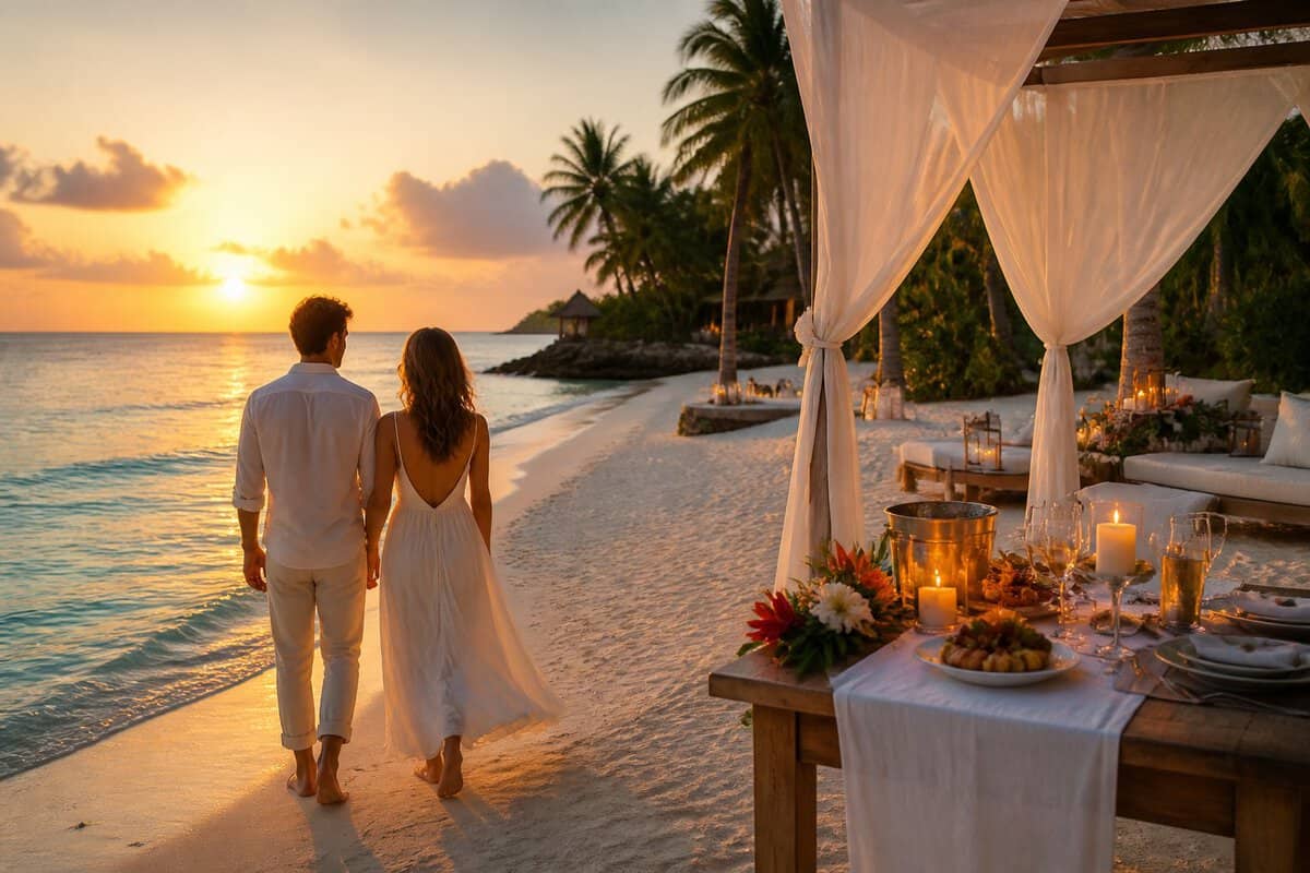 A honeymoon couple walks along a Zanzibar beach beside a candlelit private dinner setup at sunset.