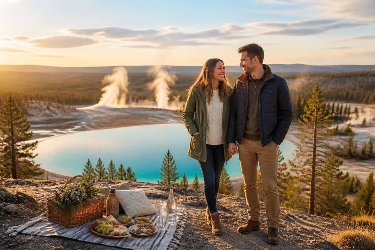 A newlywed couple holds hands beside a picnic overlooking Yellowstone’s steaming turquoise geothermal landscape.