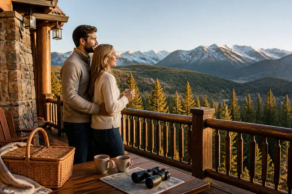 Newlywed couple enjoying a scenic Yellowstone lodge view with mountains, forests, and travel amenities.