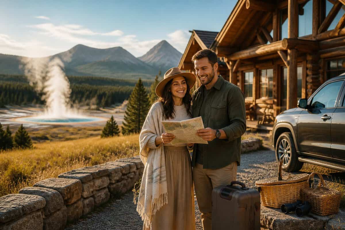 Newlywed couple beside a rustic lodge overlooking a Yellowstone meadow and distant mountains.