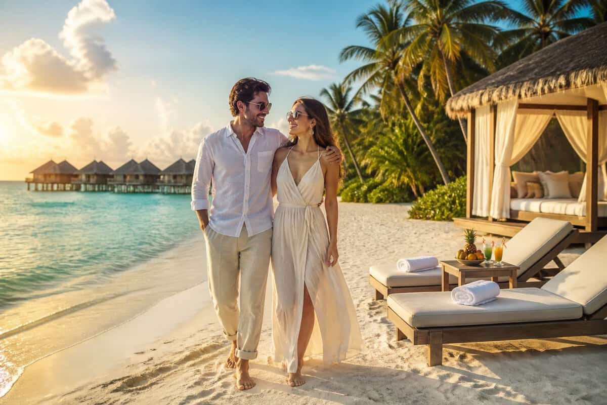 Newlywed couple walking along a tropical beach at a luxury resort.