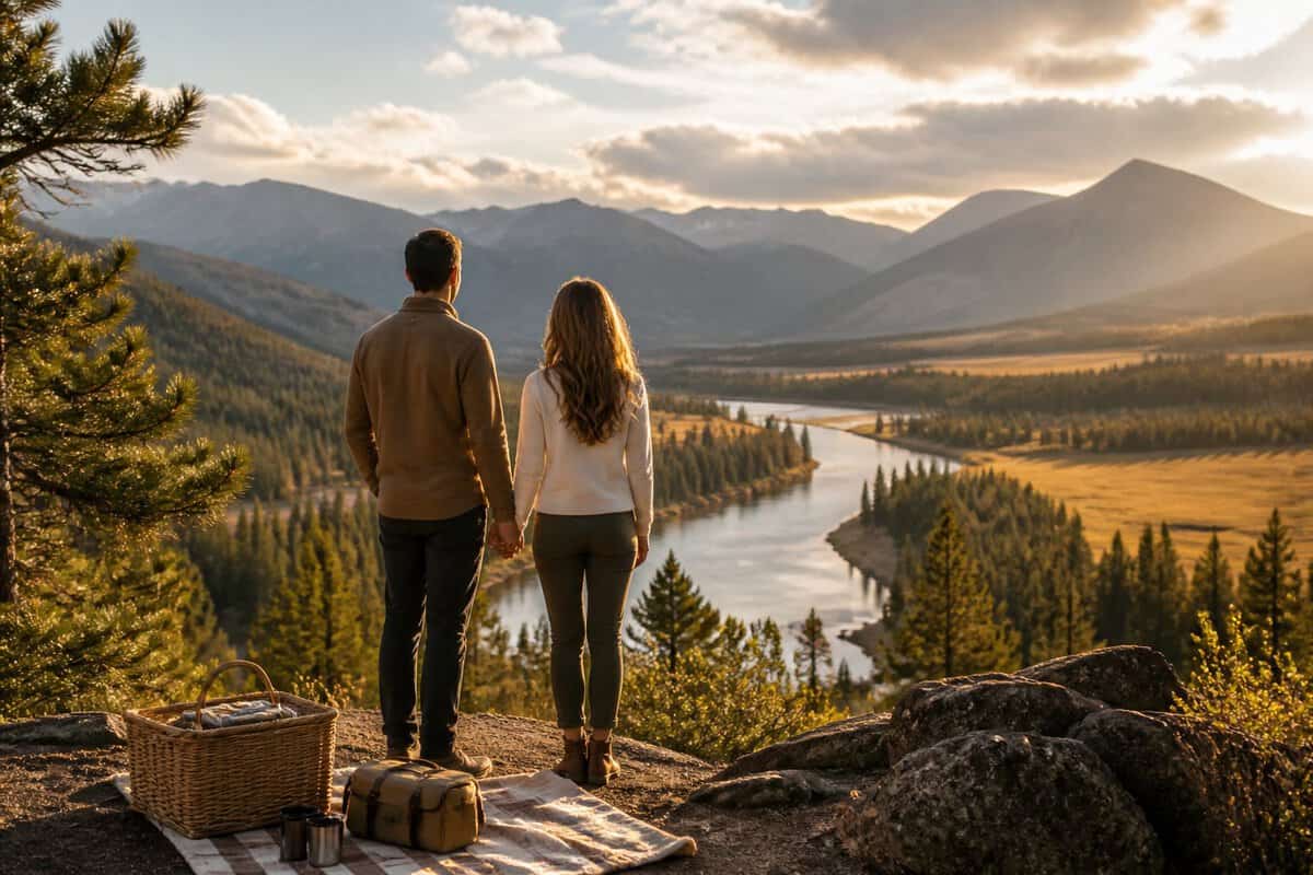 A couple holding hands at a Yellowstone overlook while viewing mountains, forests, a river, and a meadow.