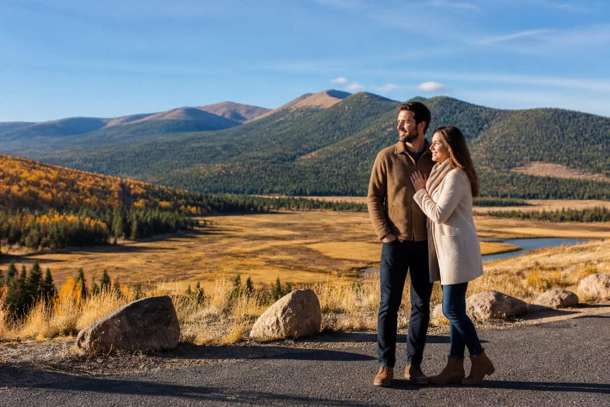 A newlywed couple admires Yellowstone’s autumn mountain scenery from a quiet overlook.
