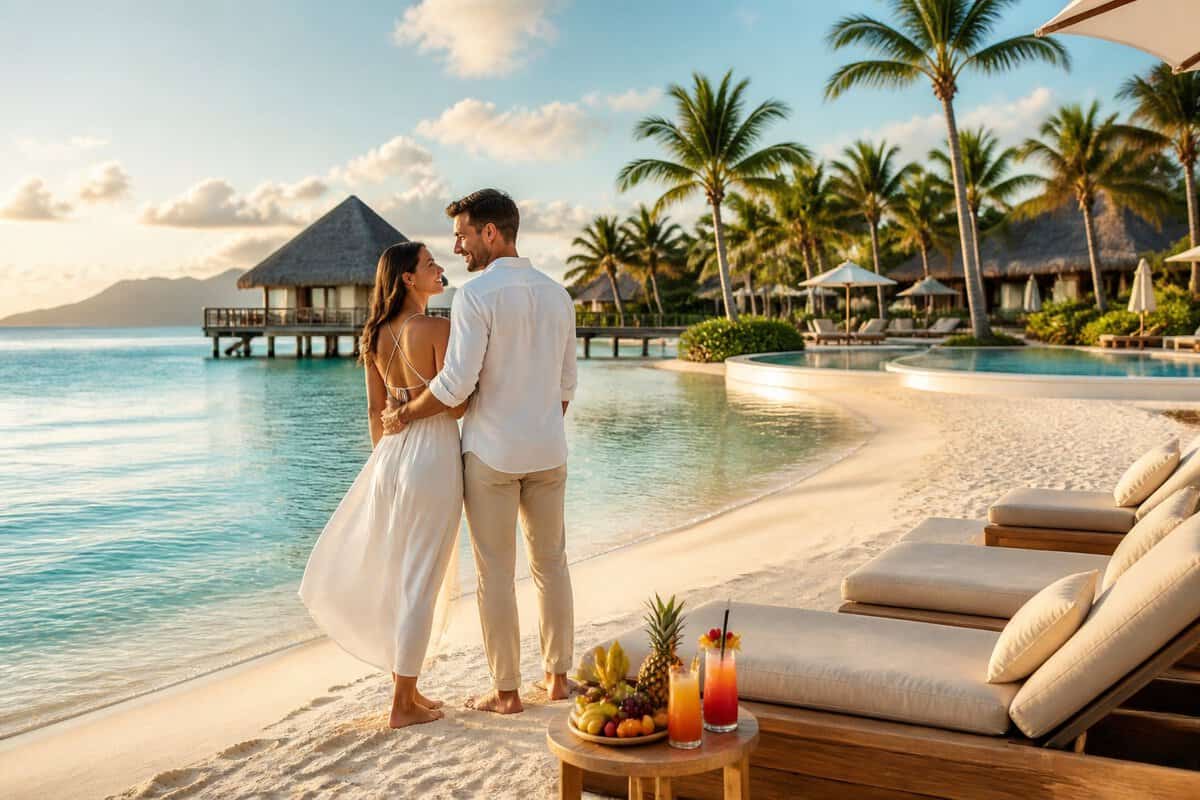 Newlywed couple enjoying a luxurious tropical resort beach with an overwater bungalow and lagoon.