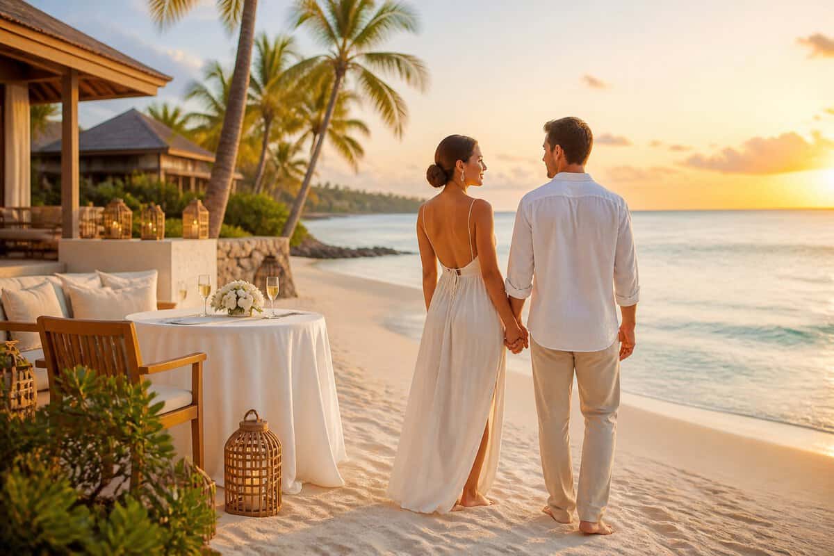 A newlywed couple holds hands on a luxurious tropical beach overlooking the ocean.