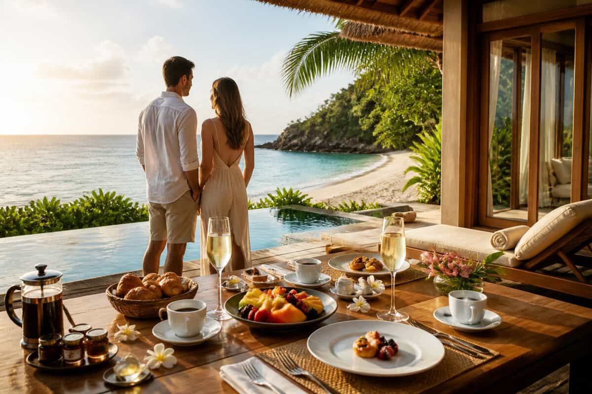 A couple enjoys a private tropical resort terrace overlooking turquoise ocean water.