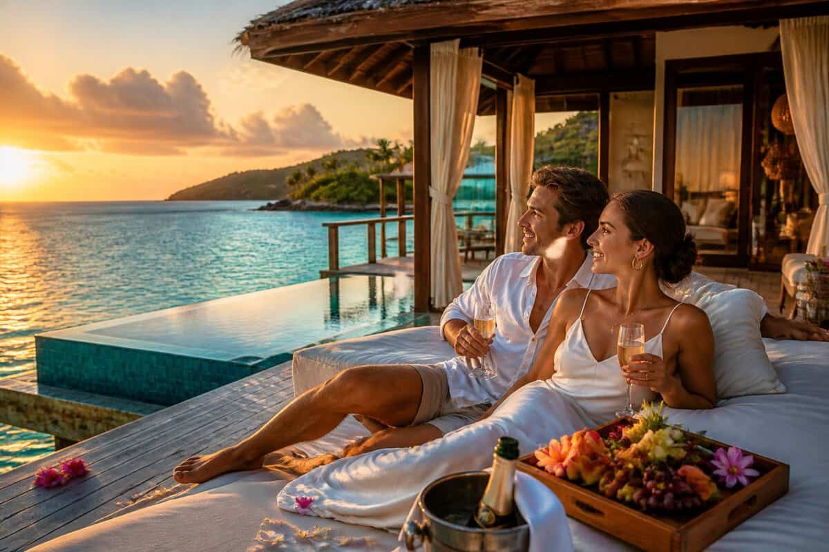 Newlywed couple relaxing on a luxurious overwater bungalow terrace overlooking a tropical lagoon at sunset.