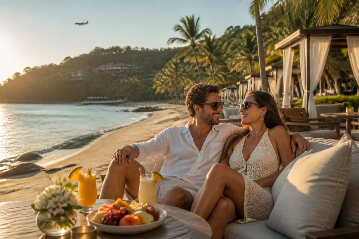 Newlywed couple relaxing on a tropical beach beside a luxury resort in Zihuatanejo.