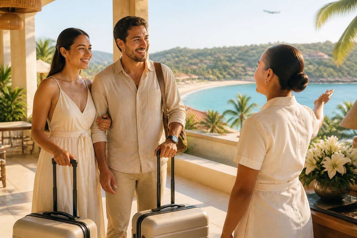 Newlywed couple with luggage being welcomed at a tropical Zihuatanejo resort overlooking the ocean.