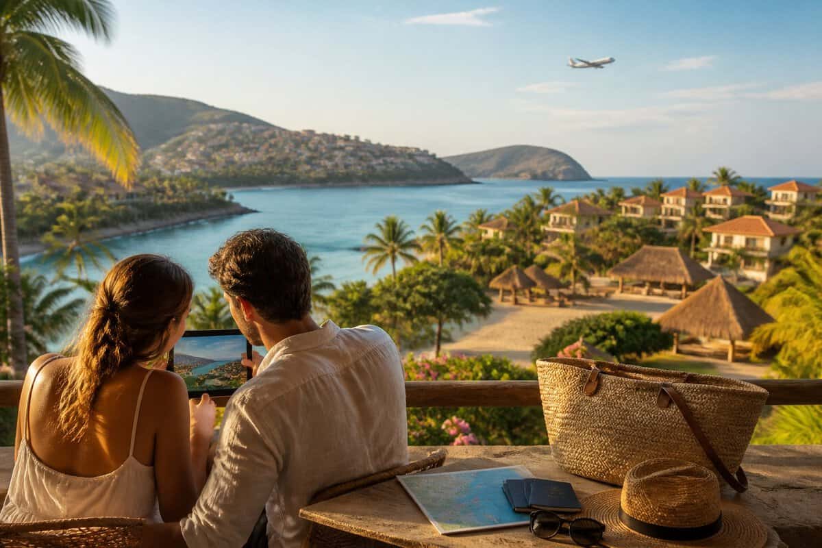 A newlywed couple compares travel options from a balcony overlooking a tropical Zihuatanejo resort and beach.