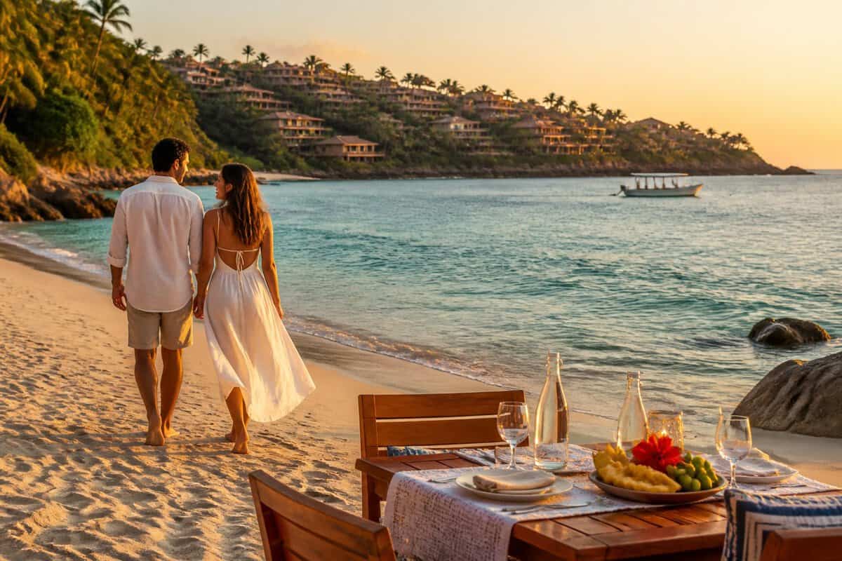A couple walks along a tropical beach near a resort while a romantic table is set by the ocean at sunset.