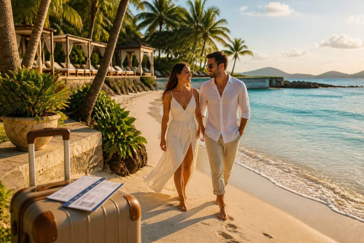 A newlywed couple walks along a tropical beach near a luxury resort in Zihuatanejo, with palm trees, turquoise water, and a small suitcase nearby.