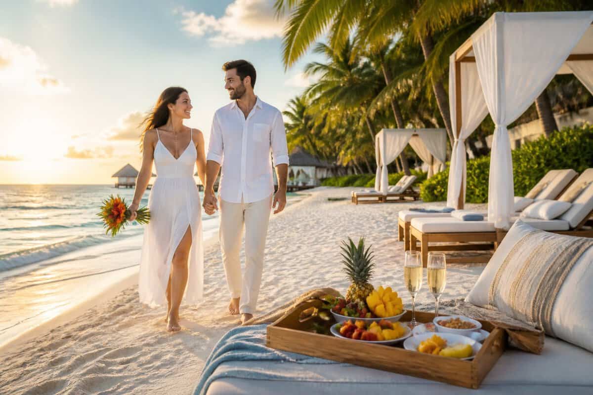 A newlywed couple walks hand in hand along a tropical resort beach at sunset.