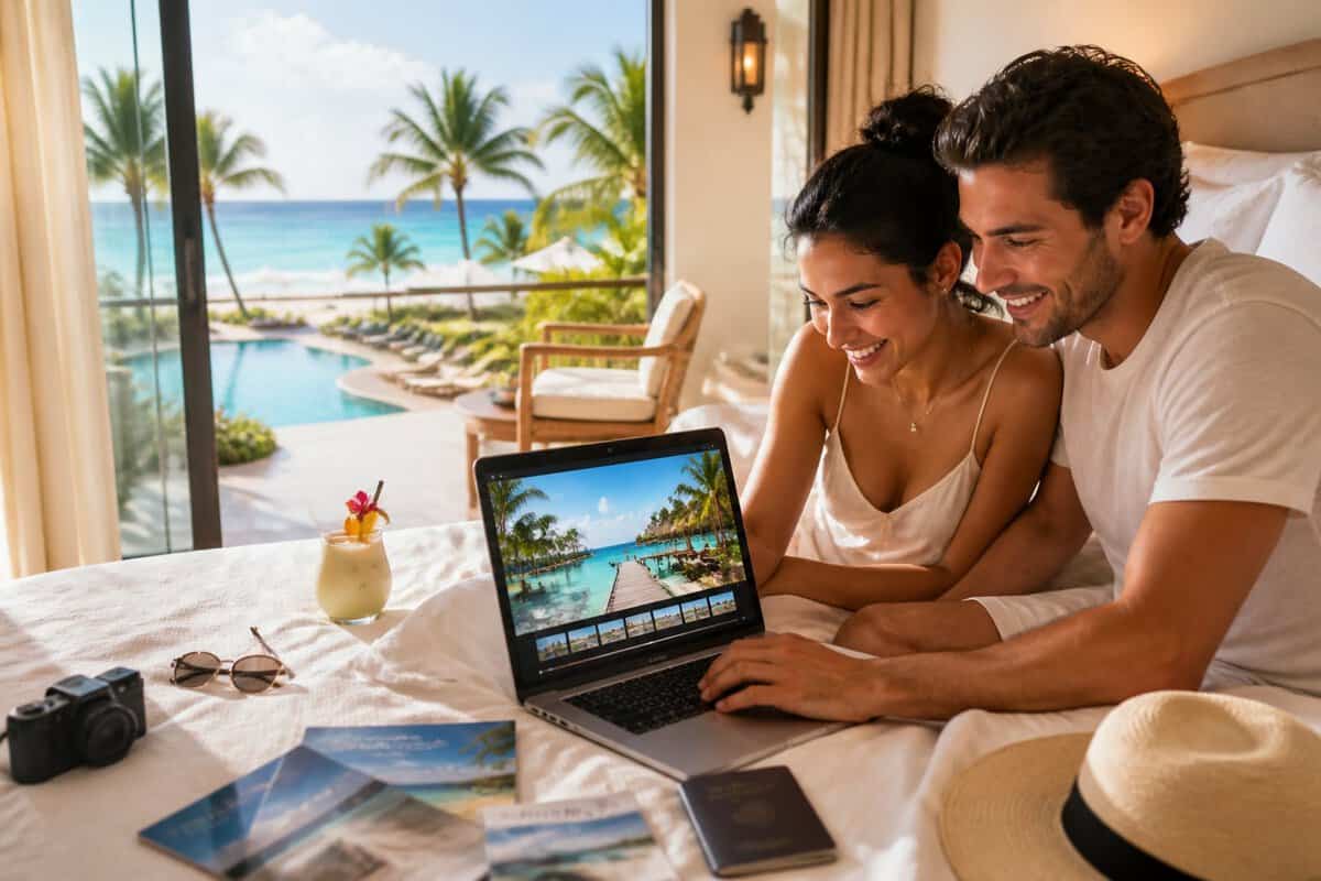 A newlywed couple reviews honeymoon resort options on a laptop in a tropical resort suite.