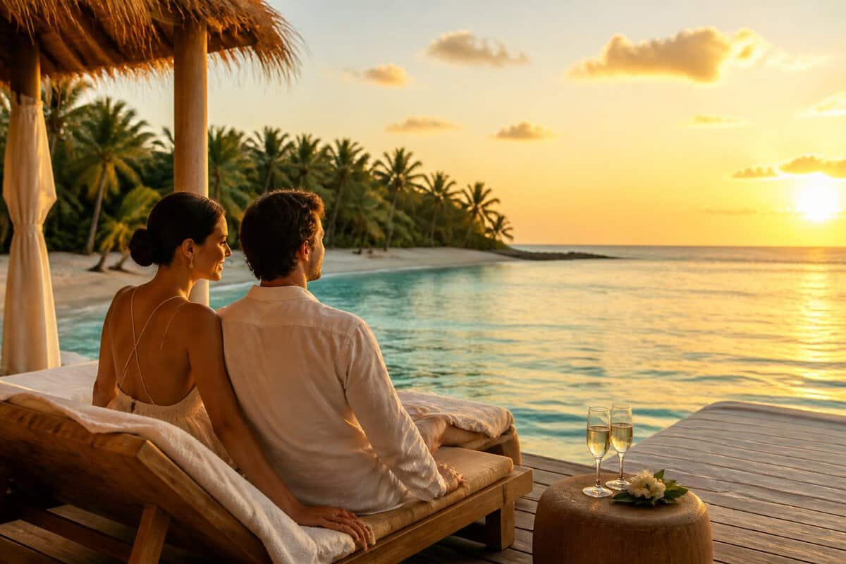 A newlywed couple relaxes together on a tropical beach resort deck overlooking the ocean at sunset.