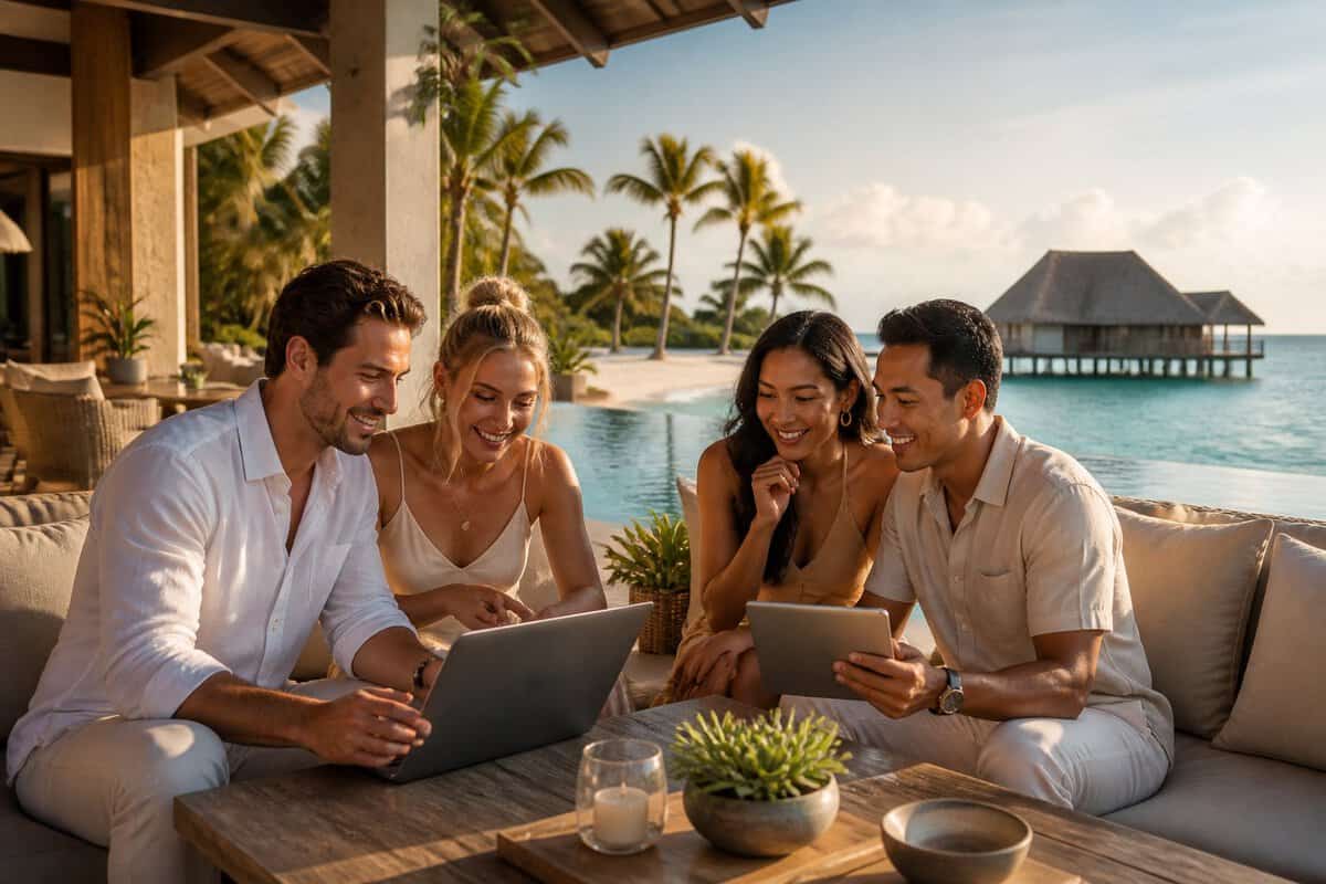 Two newlywed couples compare honeymoon resort options on digital devices in a tropical resort lounge.