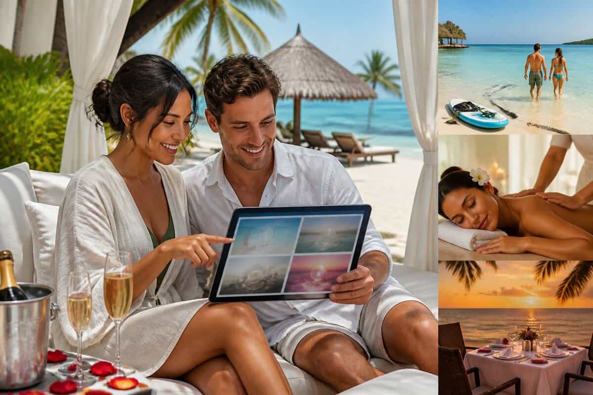 Newlywed couple choosing romantic resort activities beside a tropical beach.