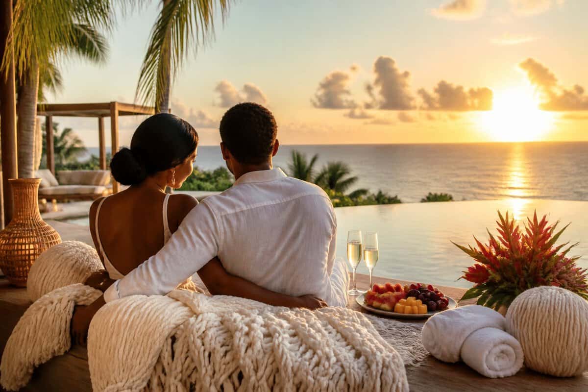A newlywed couple relaxes on a tropical resort terrace overlooking the ocean, with yarn-inspired decorations and honeymoon refreshments nearby.