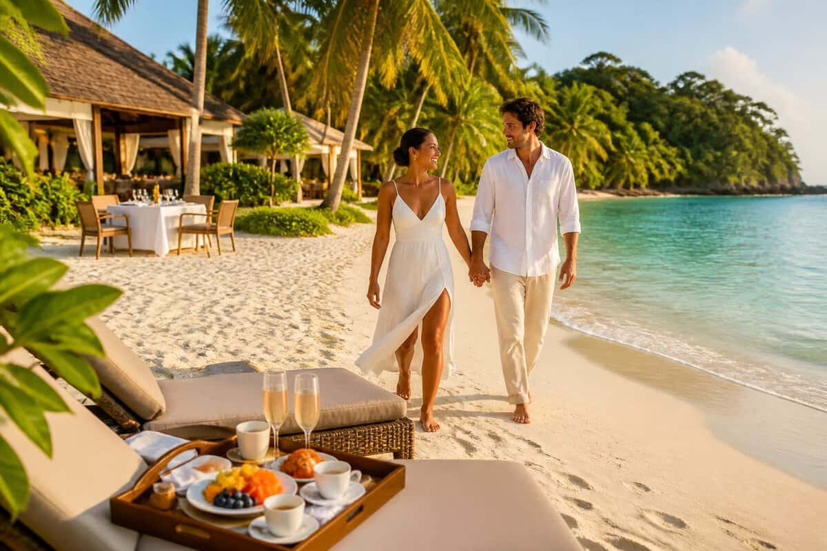 Newlywed couple walking hand in hand on a tropical resort beach with breakfast and drinks nearby.