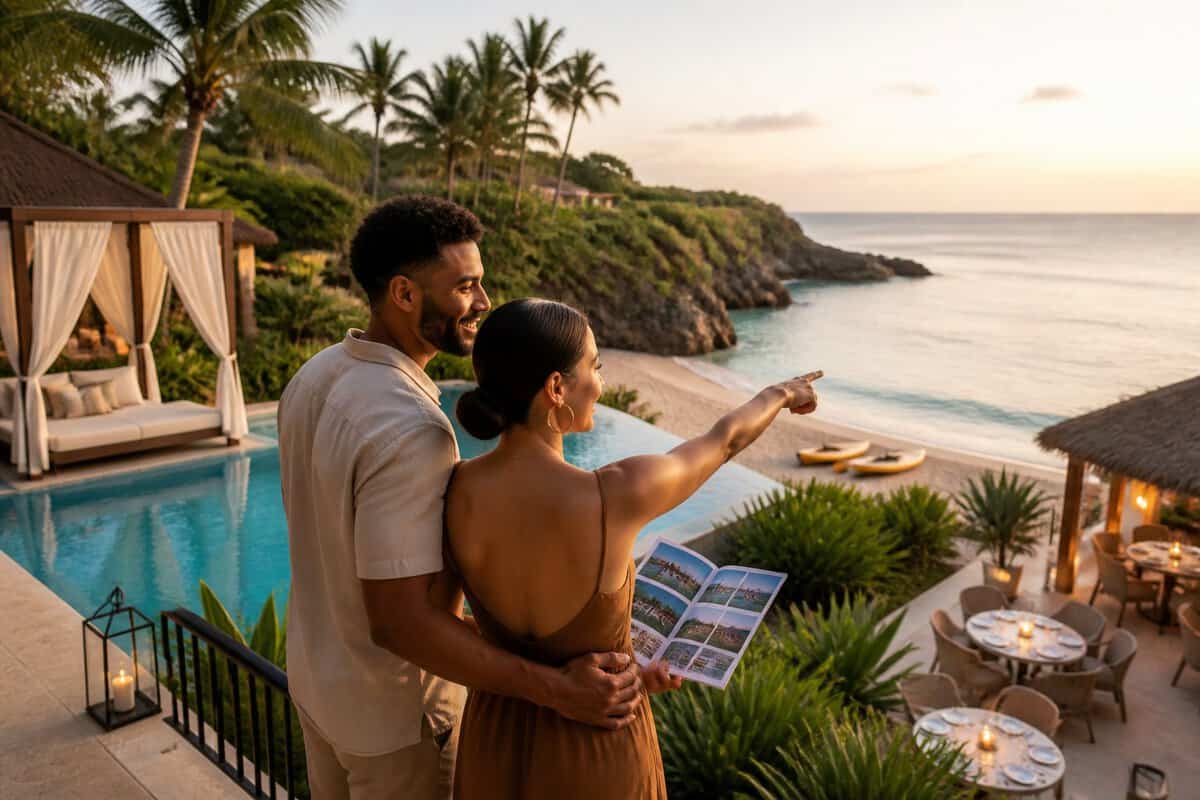 A newlywed couple compares honeymoon resort options on a tropical terrace overlooking the ocean.