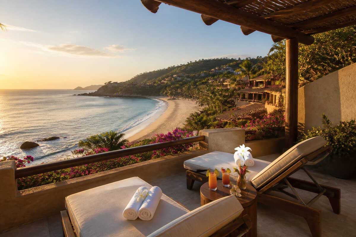 A luxurious beachfront resort in Zihuatanejo with lounge chairs, tropical plants, turquoise water, and a romantic sunset.