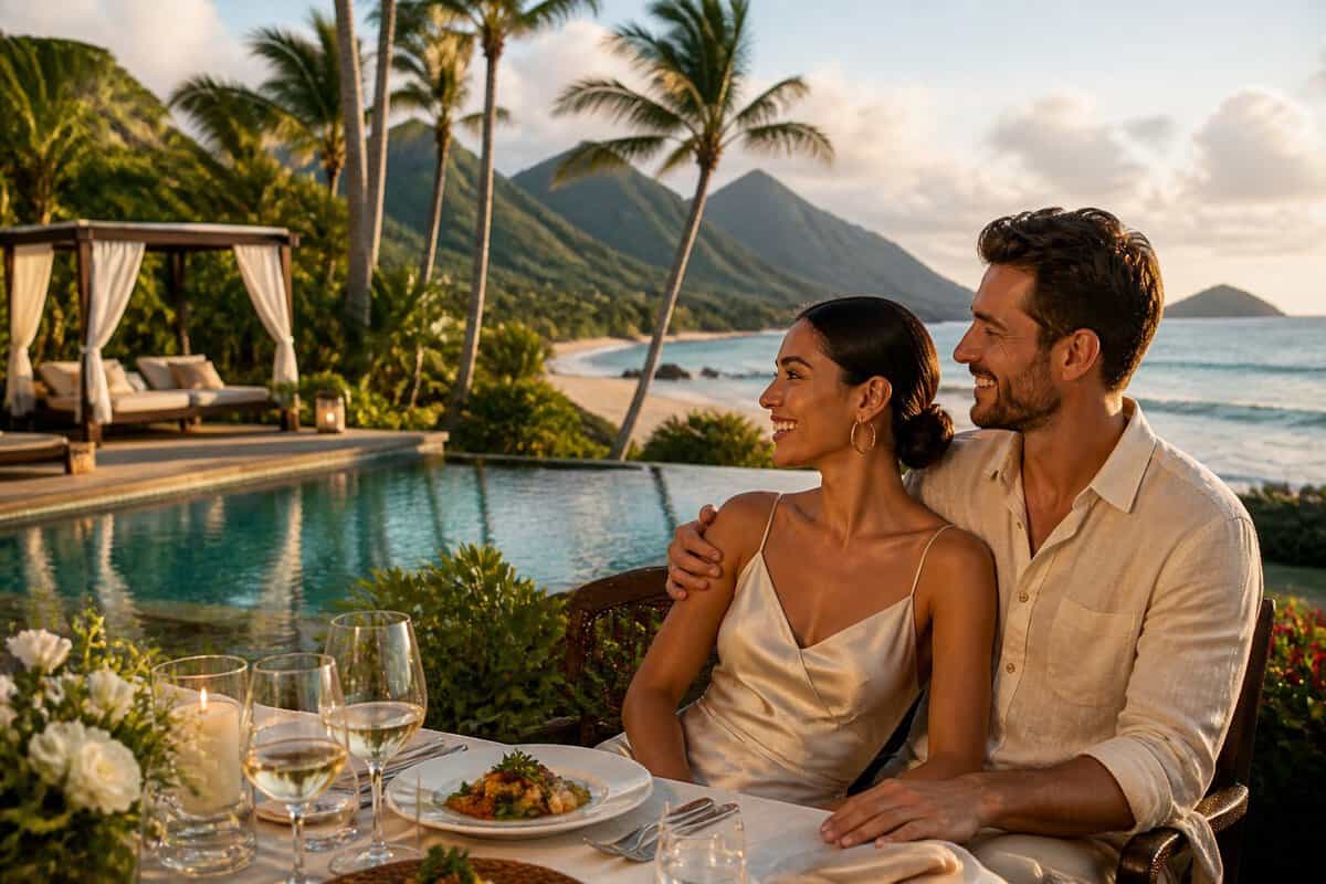 A newlywed couple relaxes at a luxurious tropical resort with a beach, pool, mountain scenery, and outdoor dining.
