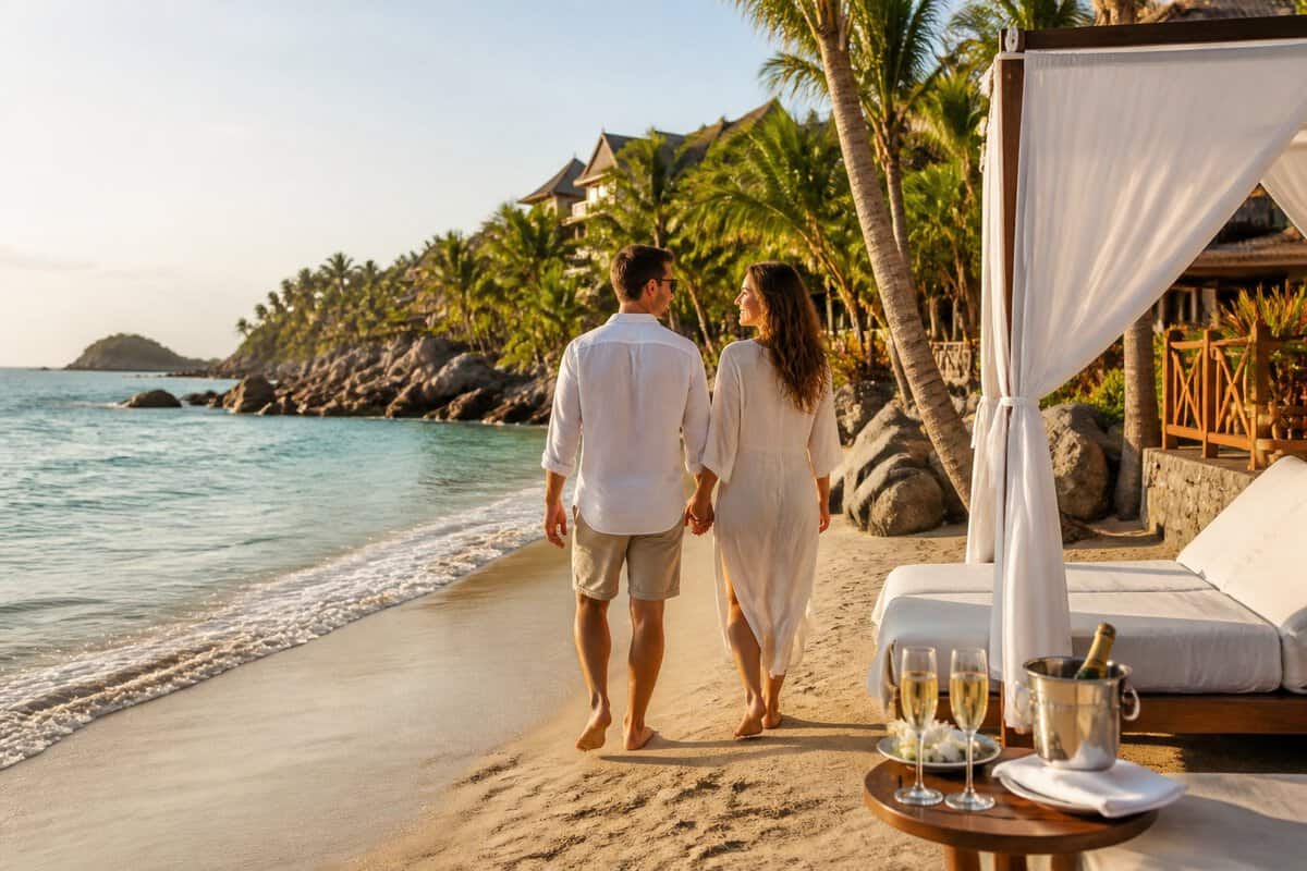 A couple walks along a tropical beach beside a luxurious resort in Zihuatanejo.