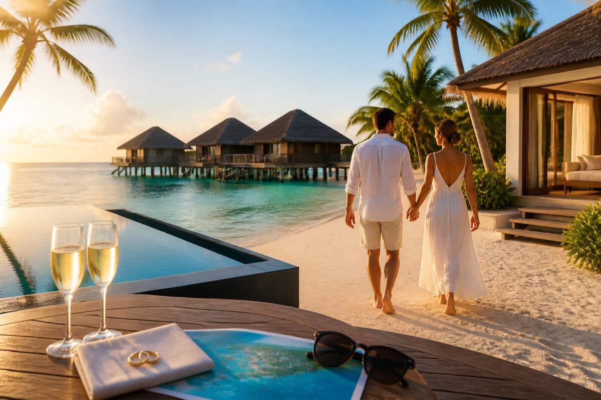 A newlywed couple walks hand in hand toward a luxurious tropical resort with beachfront suites, overwater bungalows, and an infinity pool.