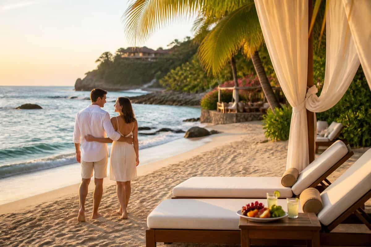 A newlywed couple walks along a tropical beach beside a luxurious resort in Zihuatanejo.