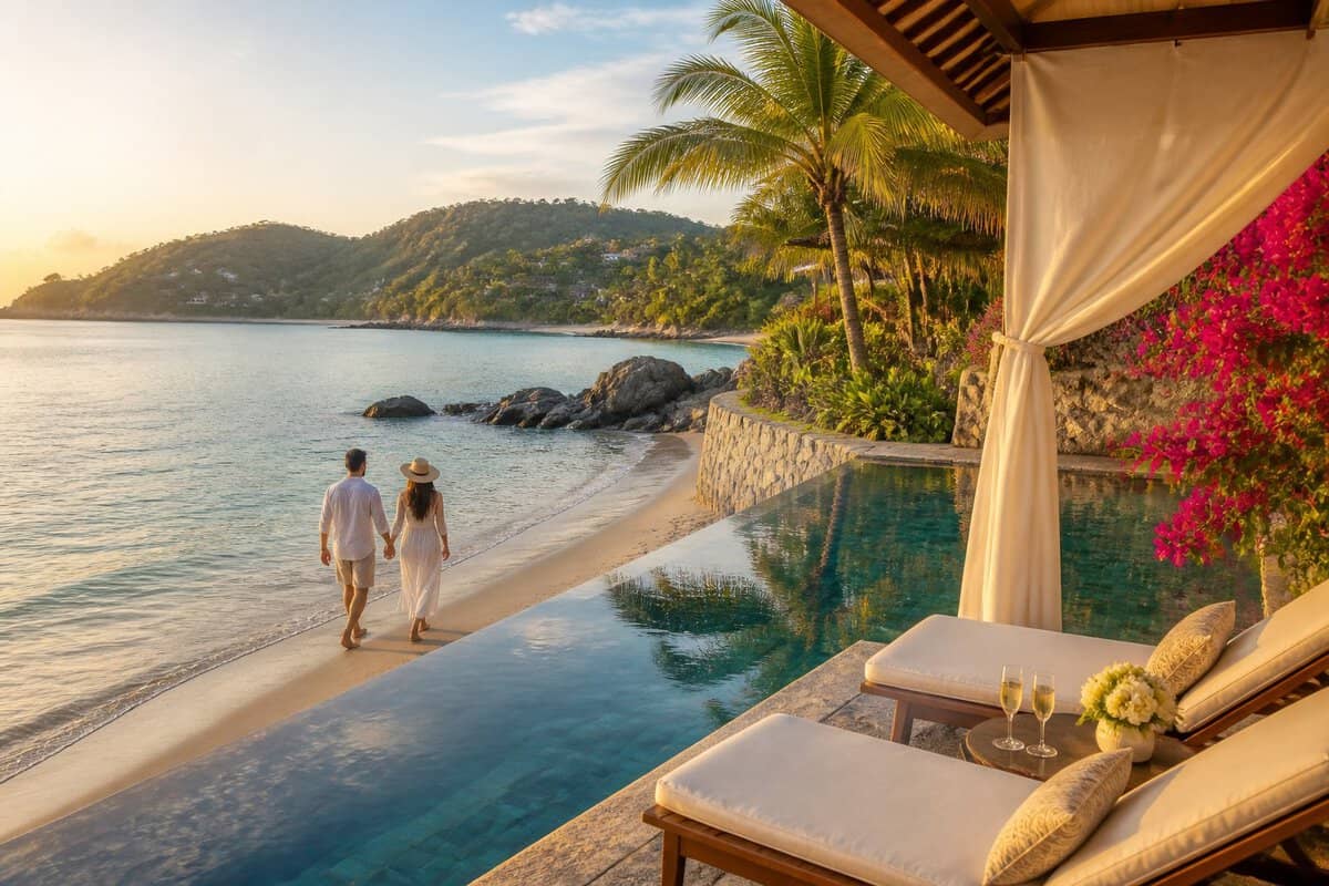 A newlywed couple walks along a tropical beach beside a luxurious resort at sunset.