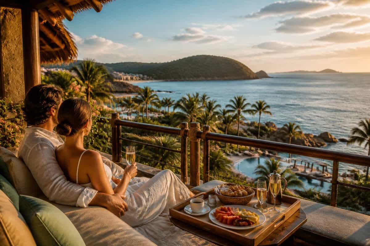 A couple enjoys breakfast on a luxury beachfront resort terrace overlooking the Pacific Ocean in Zihuatanejo.