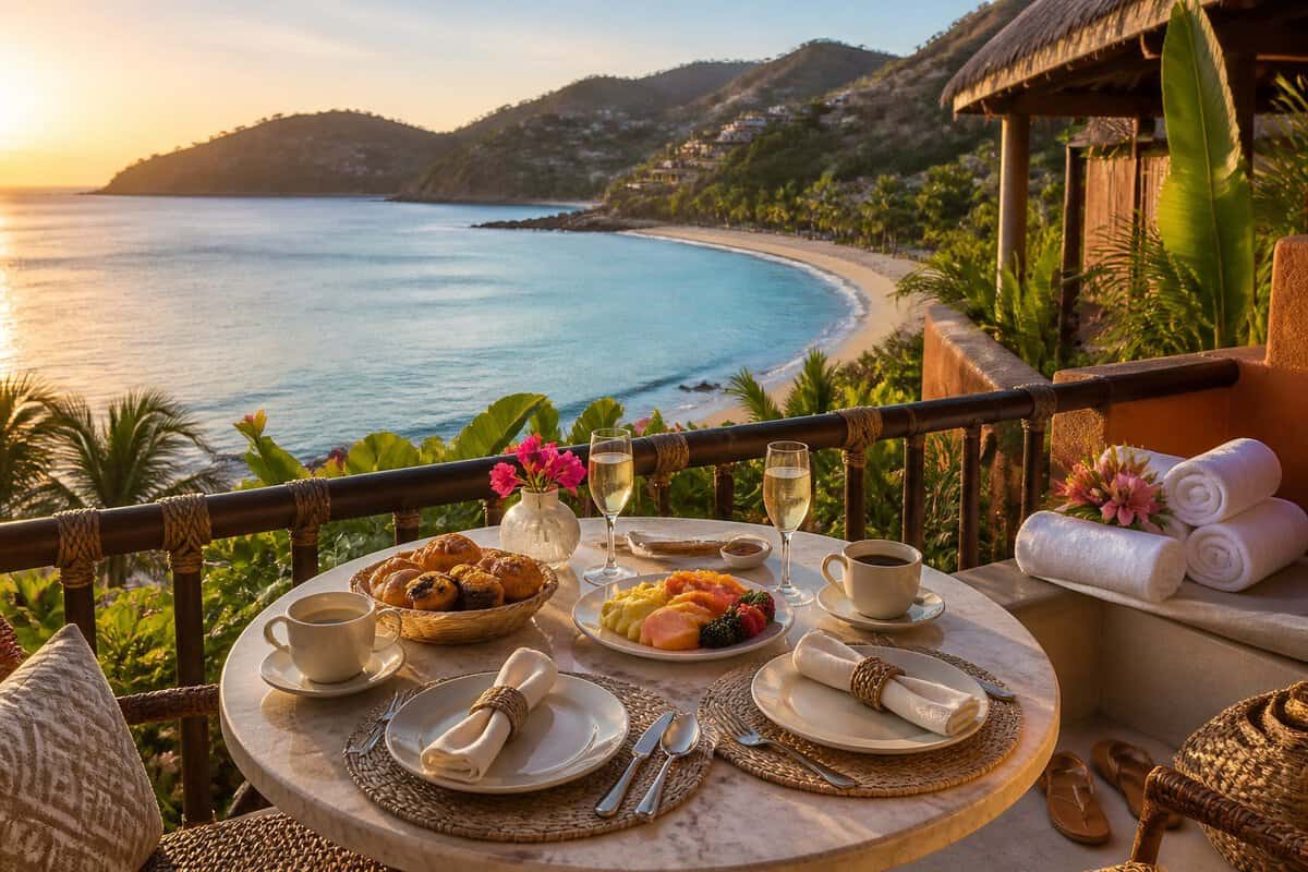 A romantic tropical resort terrace overlooks a sandy beach and turquoise ocean, with breakfast, flowers, and champagne set for two.