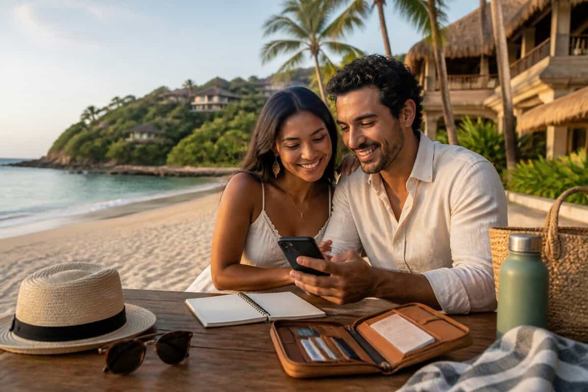 A couple relaxes on a tropical beach while reviewing their honeymoon budget.