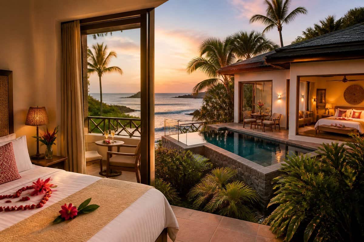 A romantic beachfront resort in Zihuatanejo showing contrasting room amenities and luxury levels.
