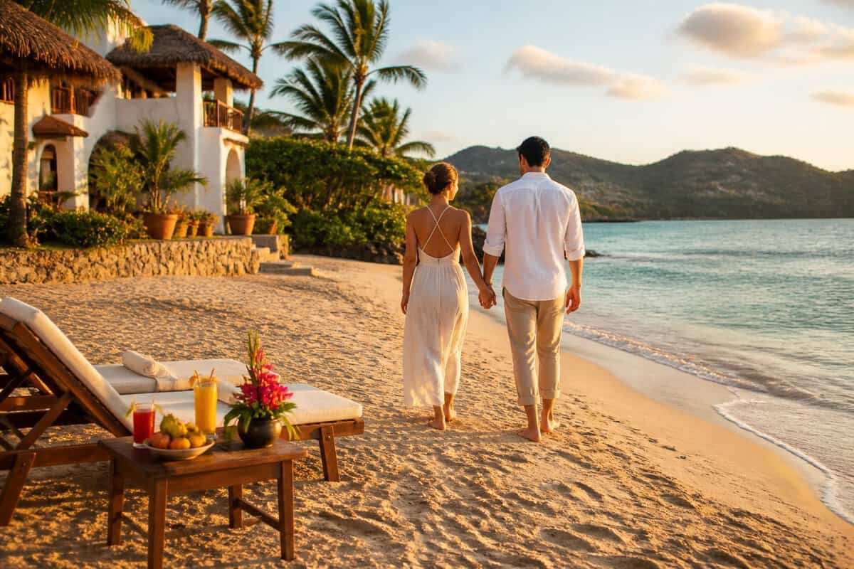 A newlywed couple walks along a tropical beach beside a modest beachfront resort in Zihuatanejo.