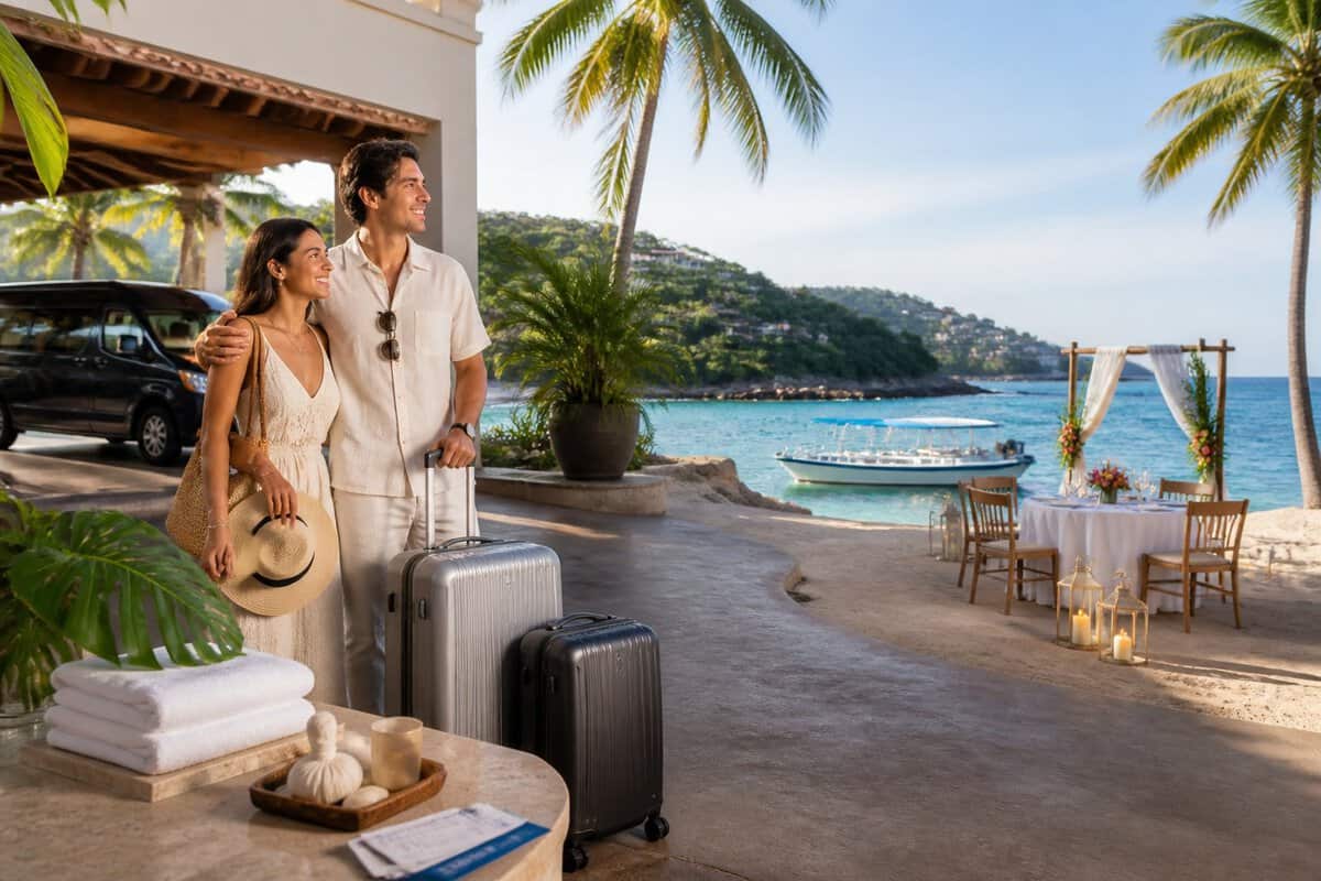 A couple at a tropical Zihuatanejo resort surrounded by luggage, a shuttle, and honeymoon activities.
