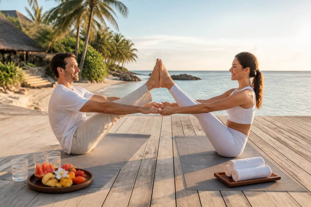 A newlywed couple practices yoga together on a tropical beach terrace overlooking the ocean.