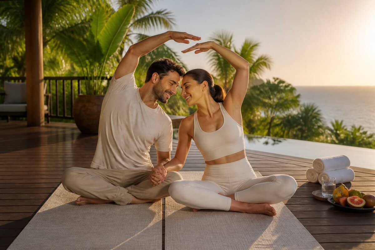 A newlywed couple practices yoga together on a tropical resort terrace overlooking the ocean.