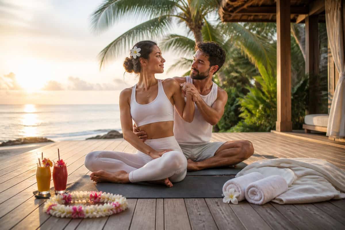 A newlywed couple practices gentle partner yoga together on a tropical resort deck overlooking the ocean.