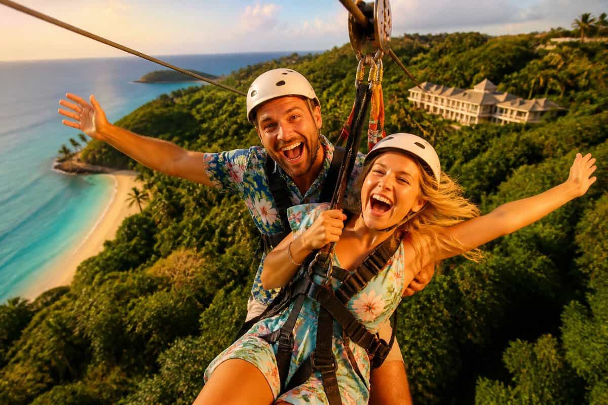 A newlywed couple laughing together while riding a zip line above a tropical rainforest near the ocean.