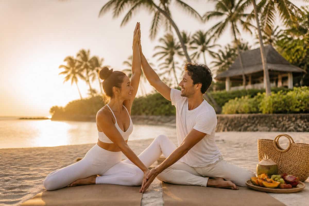 A newlywed couple practices yoga together on a tropical beach beside a calm turquoise ocean.
