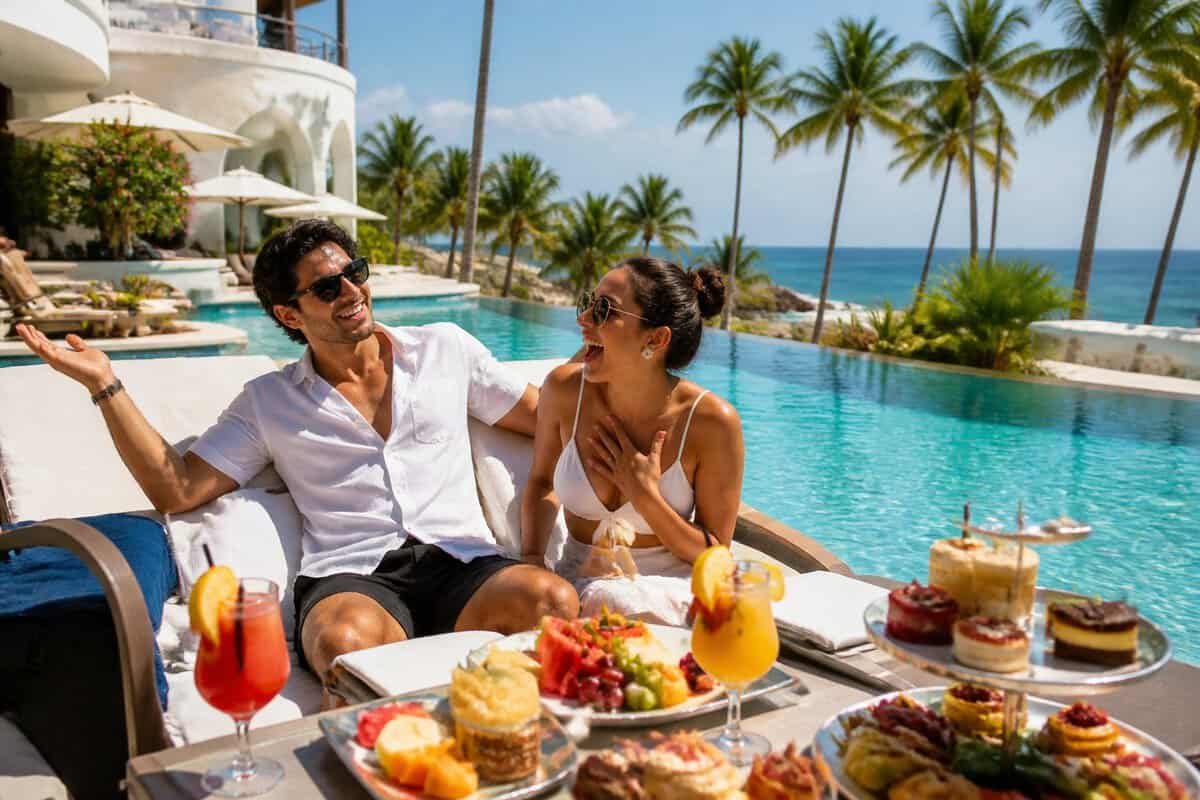 A laughing newlywed couple enjoys an abundance of food and drinks beside a tropical resort pool.