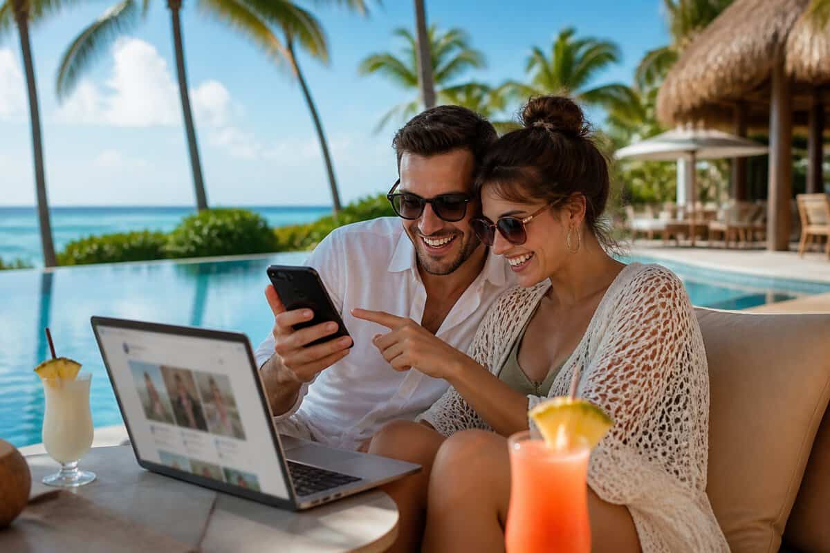 A newlywed couple at a tropical resort looks at digital devices beside an infinity pool.
