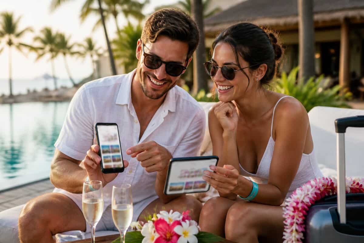 A newlywed couple at a tropical resort uses a mobile device beside a pool.