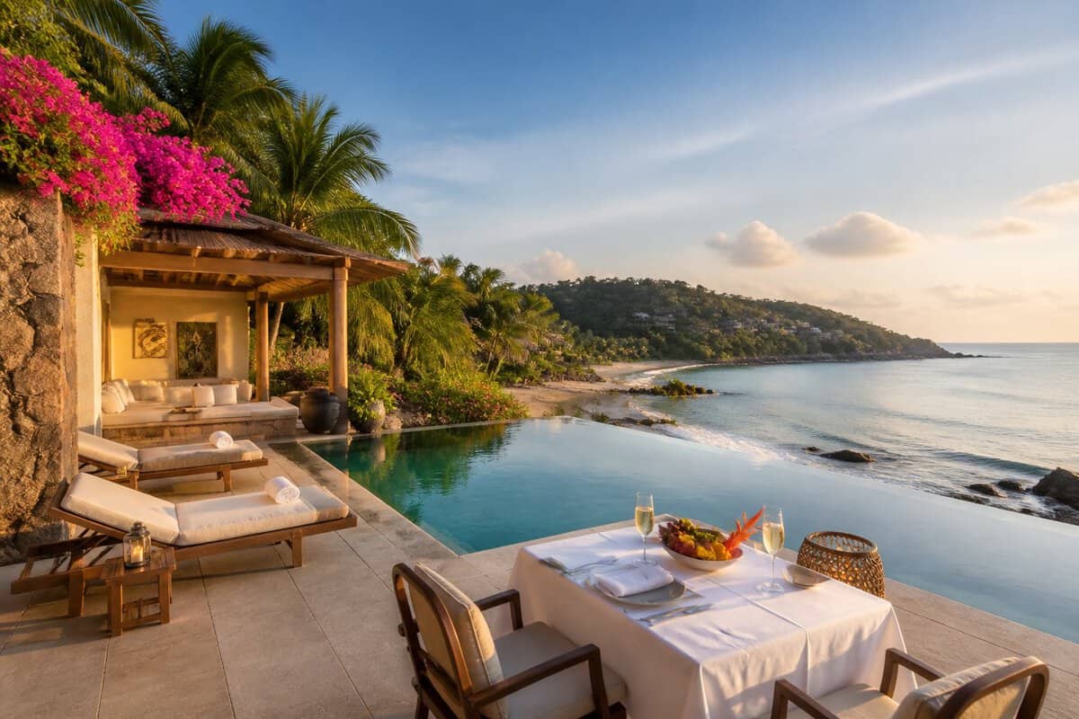 A romantic beachfront resort with a pool, palm trees, and a table set for two overlooking a tropical bay.