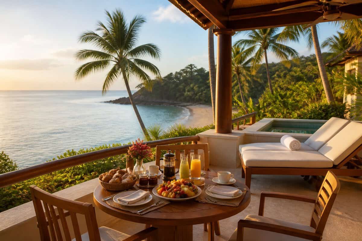 A romantic beachfront hotel terrace in Zihuatanejo with breakfast for two overlooking the ocean.