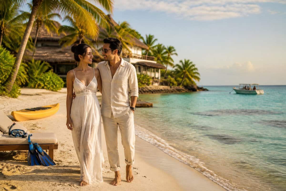 A newlywed couple relaxes on a tropical Belize beach beside turquoise water, with resort amenities and water activities nearby.