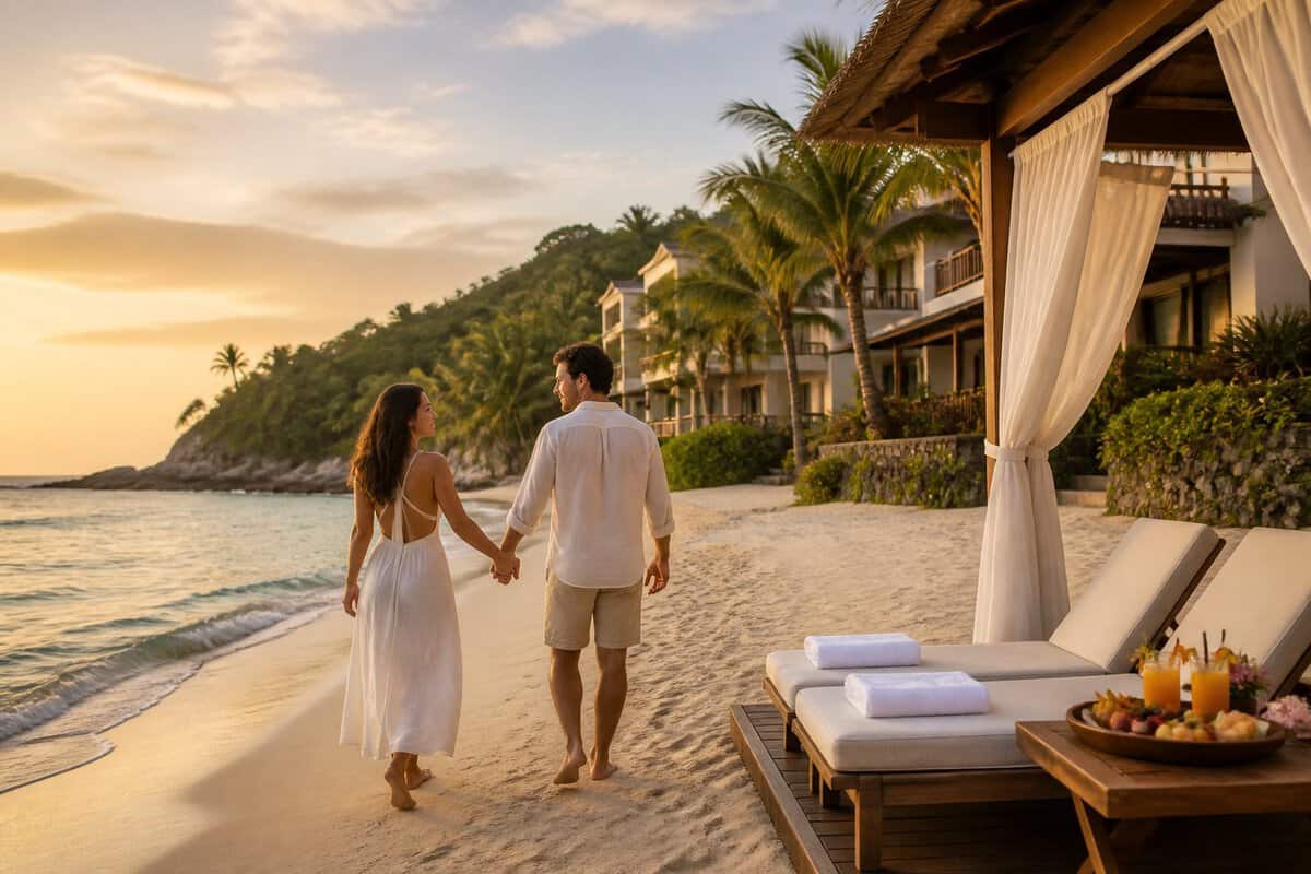 A couple walks hand in hand along a tropical beach beside a luxury resort.