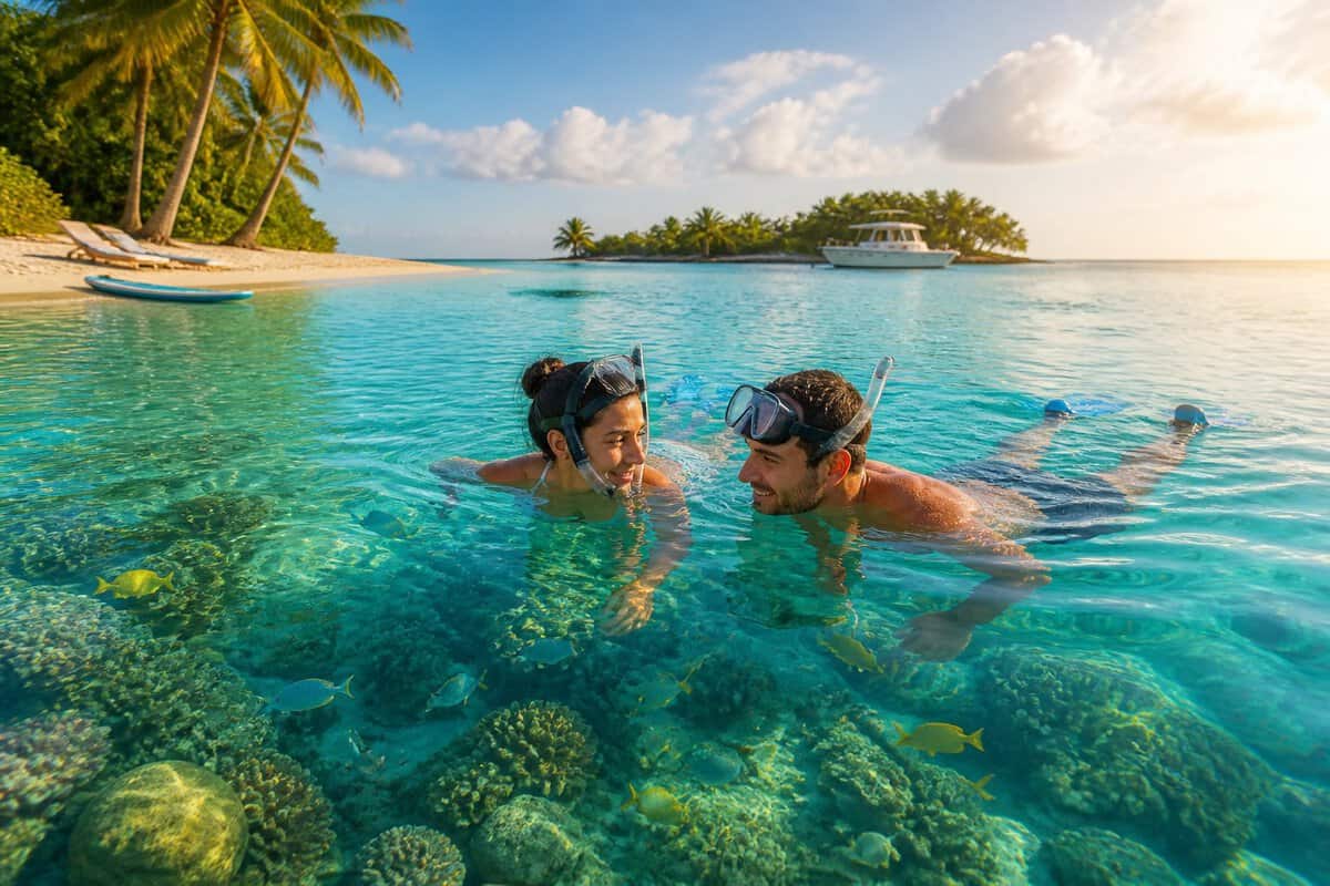 A newlywed couple snorkeling together in clear turquoise water beside a colorful coral reef in Belize.